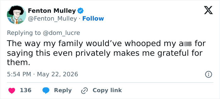A social media post from Fenton Mulley expressing gratitude for family after reading about Lily Phillips' marriage vow. A social media post from Fenton Mulley expressing gratitude for family after reading about Lily Phillips' marriage vow.