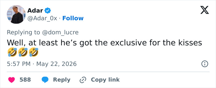 A social media comment discussing Lily Phillips' marriage vow and her boyfriend's pride in her job, joking about exclusive kisses. A social media comment discussing Lily Phillips' marriage vow and her boyfriend's pride in her job, joking about exclusive kisses.