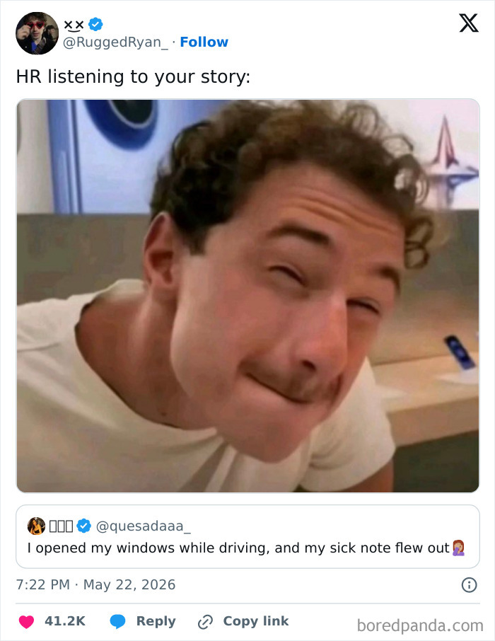 Meme of HR listening to a story about a lost sick note, reflecting 9-to-5 life realities.