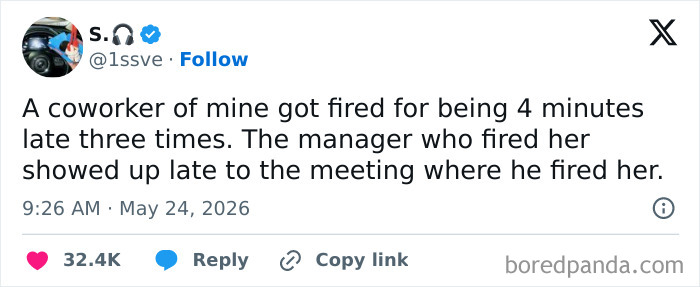 A tweet about a coworker fired for 9-to-5 life punctuality, highlighting a manager's hypocrisy.