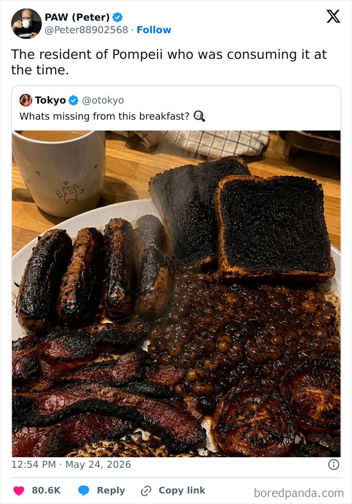 A meme showing a plate of severely burnt breakfast food, humorously labeled as food from Pompeii, for a quick laugh.