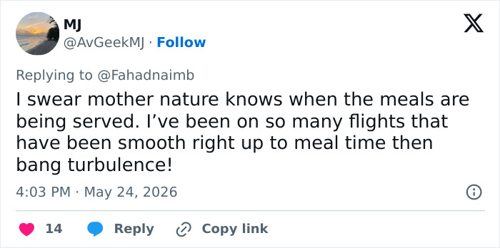 Tweet discussing turbulence occurring during flights, particularly around meal times, highlighting flight issues. Tweet discussing turbulence occurring during flights, particularly around meal times, highlighting flight issues.