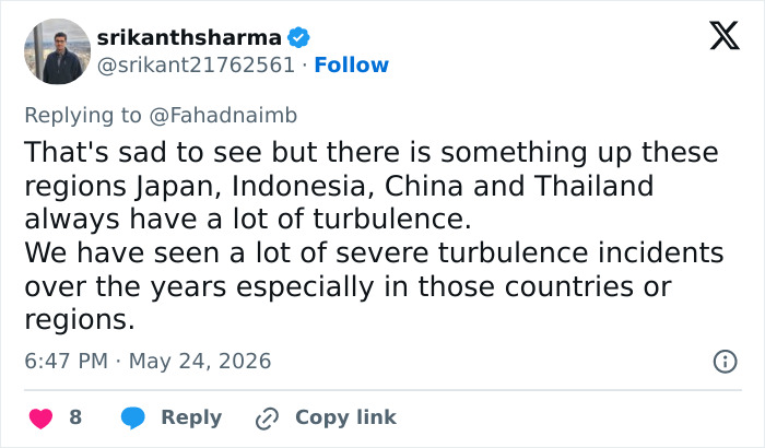 Tweet commenting on severe turbulence incidents in specific regions, emphasizing the challenges of flights. Tweet commenting on severe turbulence incidents in specific regions, emphasizing the challenges of flights.