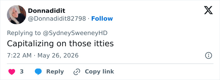 Screenshot of a fan comment reacting to Sydney Sweeney modeling lace lingerie with harsh comments.