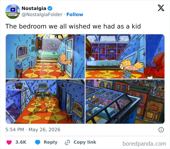 A four-panel image of Arnold's iconic Hey Arnold! bedroom, featuring a skylight and urban view, stirring nostalgia.