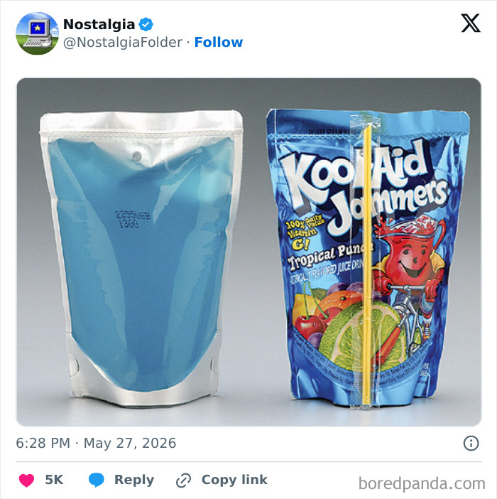 Two Kool-Aid Jammers pouches, one clear and one with the tropical punch design, bringing back nostalgic drink memories.