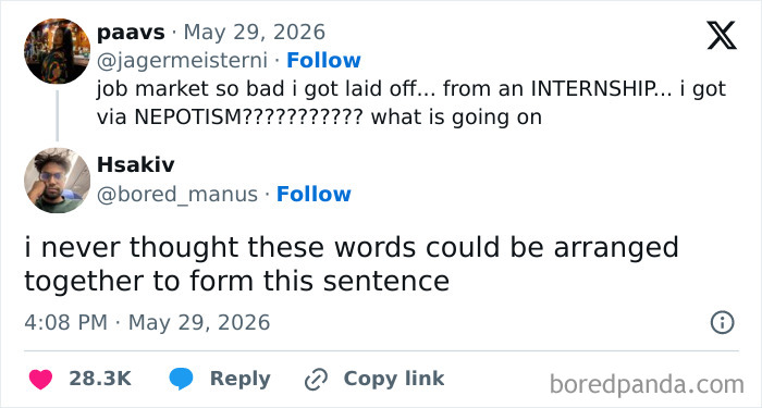 A humorous tweet about getting laid off from an internship obtained via nepotism, providing a quick laugh.