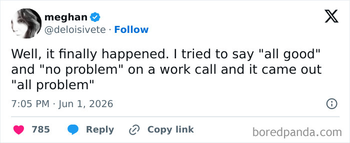 A tweet about a work call mishap, reflecting the painful realities of 9-to-5 life communication.