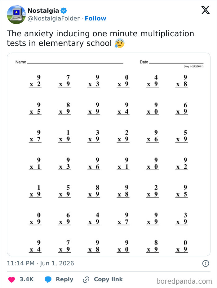 A printed elementary school multiplication test with multiple problems, a nostalgic and anxiety-inducing school memory.
