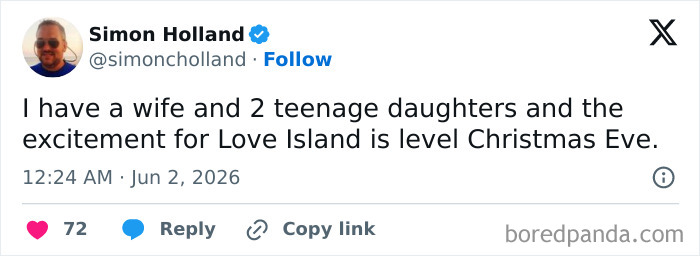 Funny parenting tweet detailing a parent's daughters' excitement for Love Island, comparing it to Christmas Eve.