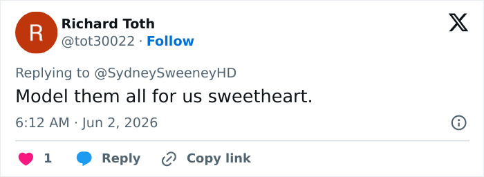 Screenshot of a fan comment reacting to Sydney Sweeney modeling lace lingerie with encouraging words.