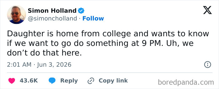 Funny parenting tweet about a daughter returning from college wanting to do something at 9 PM.