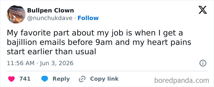 A tweet humorously complains about the painful reality of 9-to-5 life, with many emails arriving before 9 AM.