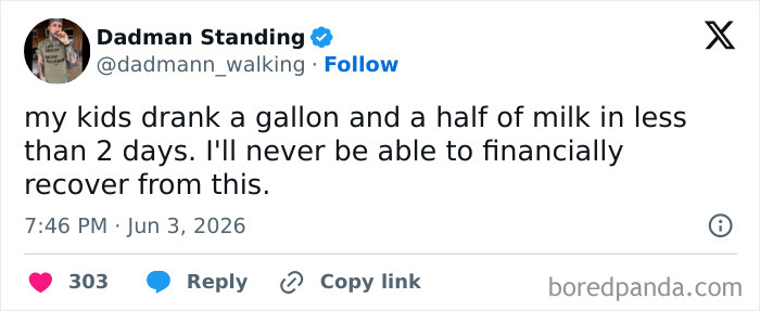Funny parenting tweet from Dadman Standing about kids drinking too much milk and the financial recovery.