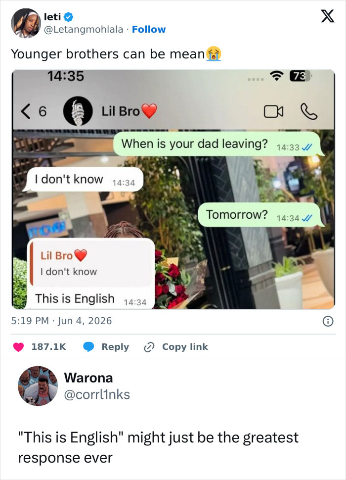 A humorous text exchange between brothers, with one responding This is English for a quick laugh.