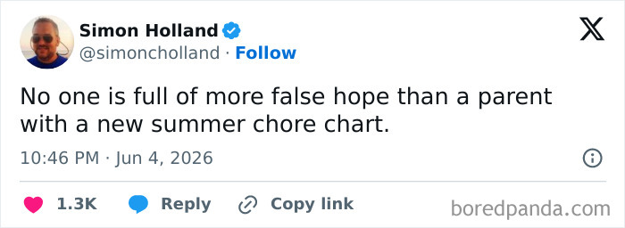 Funny parenting tweet about a parent's false hope with a new summer chore chart.