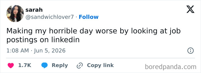 A tweet about 9-to-5 life mentions making a horrible day worse by looking at job postings on LinkedIn.