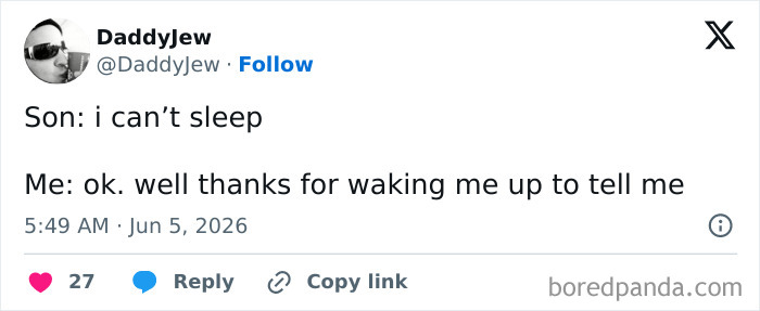 Funny parenting tweet about a child waking up a parent to say they can't sleep.