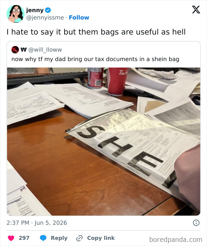 A meme shows a messy desk with a SHEIN bag, containing tax documents, highlighting hilarious memes.