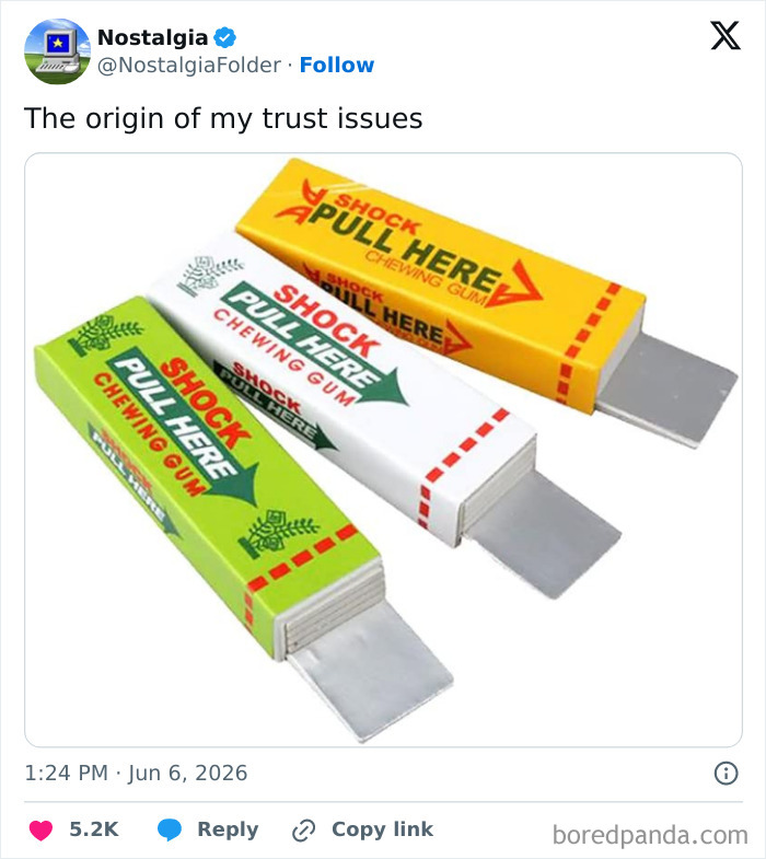 Three prank shock chewing gum packages in green, white, and yellow, representing a nostalgic folder item.