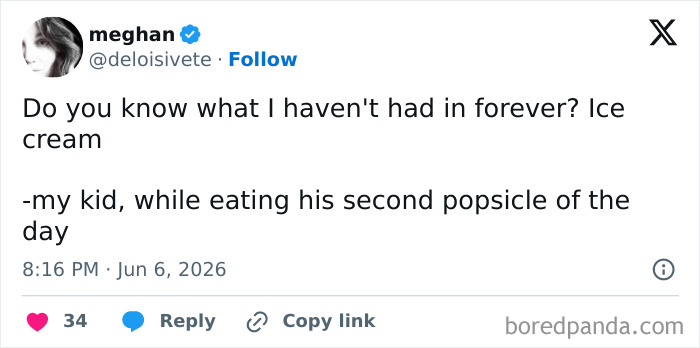 A funny parenting tweet about a kid wanting ice cream while eating a popsicle.