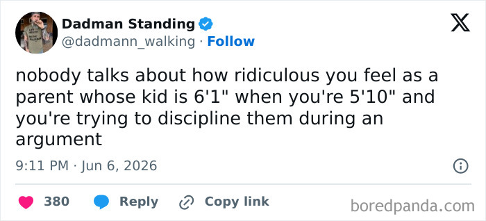 A funny parenting tweet about a parent trying to discipline their taller child.