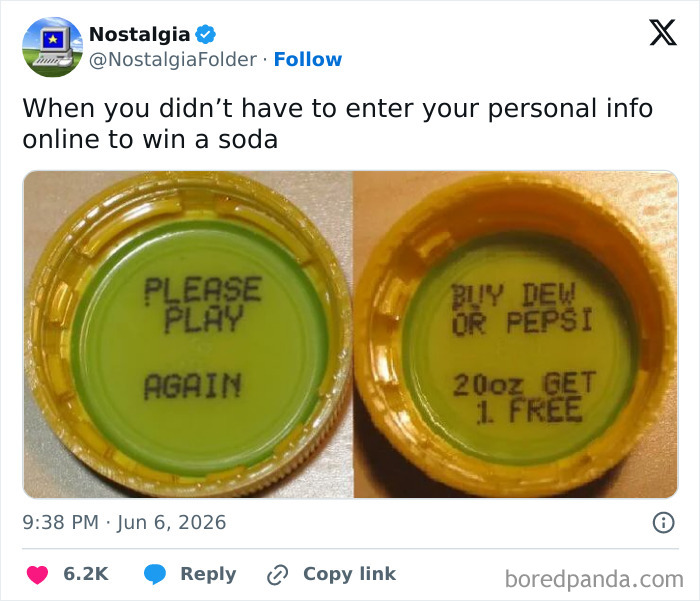 Two soda bottle caps, one reading PLEASE PLAY AGAIN and the other BUY DEW OR PEPSI 20oz GET 1 FREE, a nostalgic folder image.