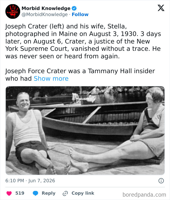 A black and white photo of Joseph Crater and his wife Stella, sitting by a lake, illustrating one of the worst days of their lives.