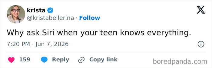 Funny parenting tweet by Krista, asking why ask Siri when your teen knows everything.