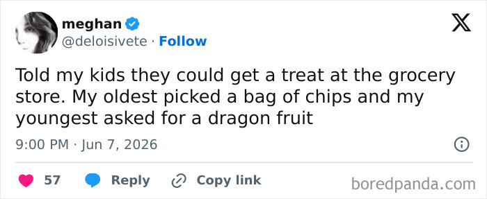 A funny parenting tweet about kids choosing treats at the grocery store.