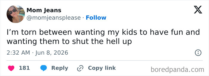 A funny parenting tweet from Mom Jeans expressing a parent's dilemma between kids having fun and wanting quiet.