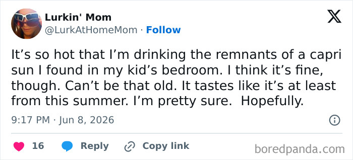 A funny parenting tweet about a mom drinking old Capri Sun from her kid's bedroom.