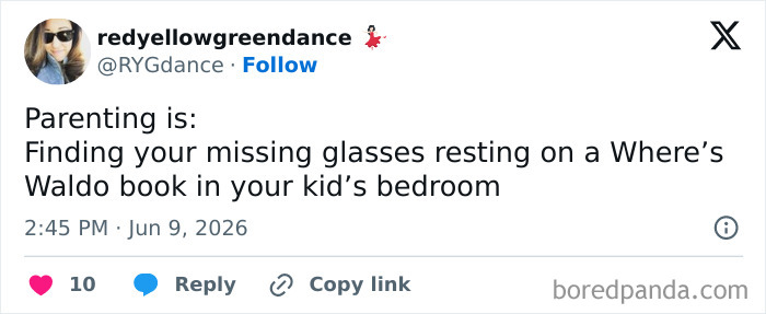 Funny parenting tweet about finding glasses on a Where's Waldo book, a humorous mom and dad situation.