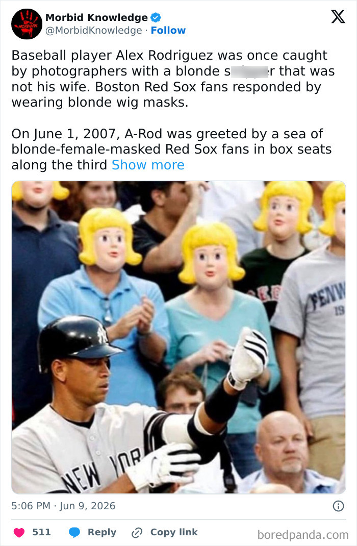 Baseball player Alex Rodriguez on the field, with fans in the background wearing blonde wig masks, depicting a sad story.