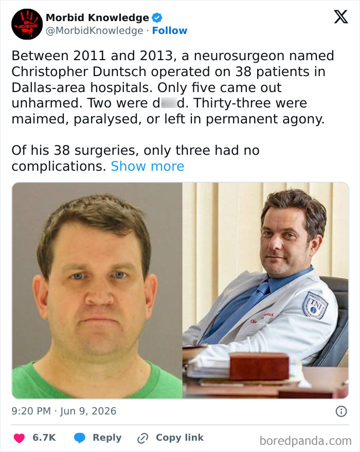A split image of Christopher Duntsch, a neurosurgeon, in a mugshot and a professional photo, detailing morbid medical stories.