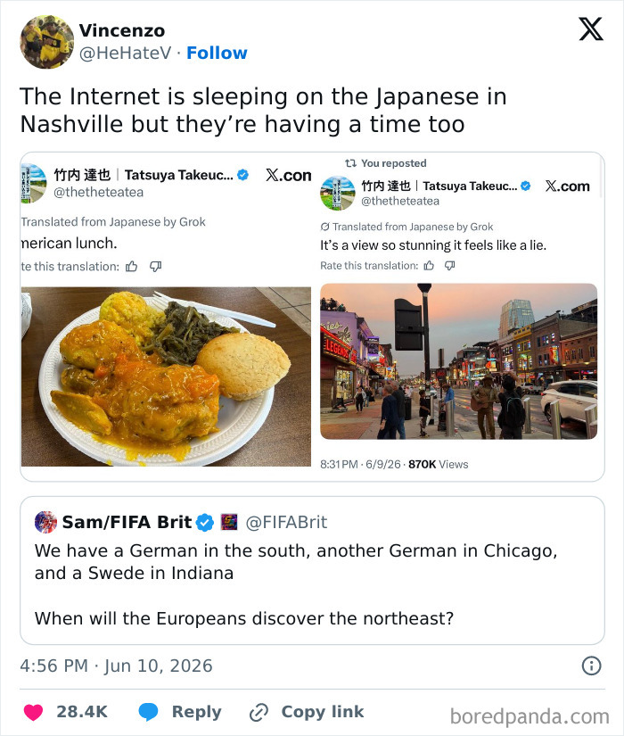 Funny World Cup tweet about Japanese having a time in Nashville with images of American lunch and Nashville street.