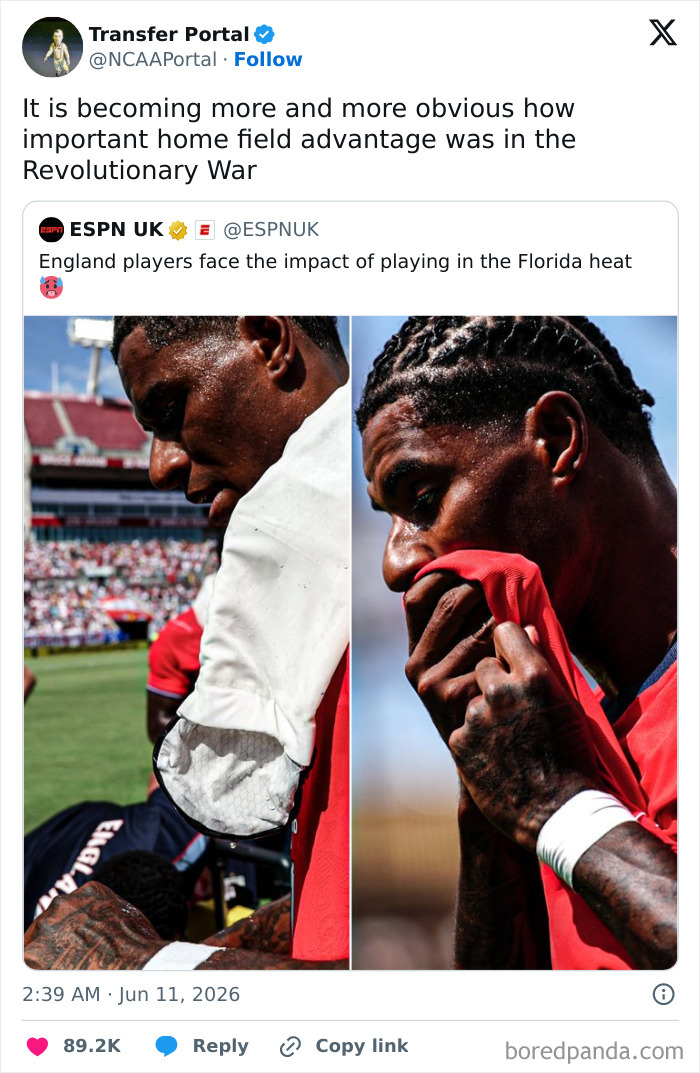 A World Cup tweet from Transfer Portal and ESPN UK about England players facing Florida heat, causing football fans belly-laughing.