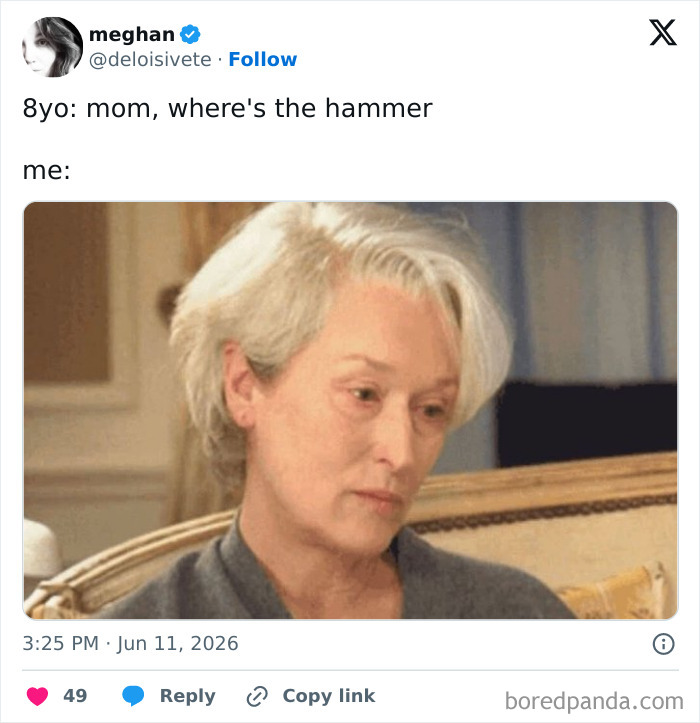 A funny parenting tweet with a mom looking exasperated, responding to her 8-year-old.