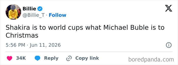 A funny World Cup tweet from Billie comparing Shakira to Michael Buble during Christmas, delighting football fans.