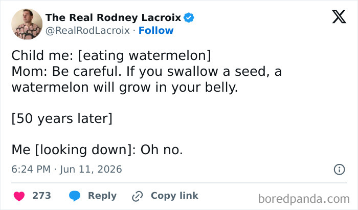 A funny parenting tweet describing a mom's warning about swallowing watermelon seeds and the 50-year-later realization.