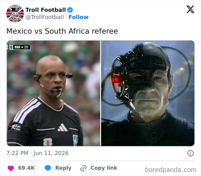 World Cup 2026 meme comparing a soccer referee to a sci-fi character, highlighting the chaos of the games.