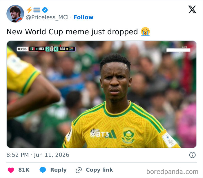 A new World Cup meme tweet from @Priceless_MCI showing a football player with a surprised expression during a match.