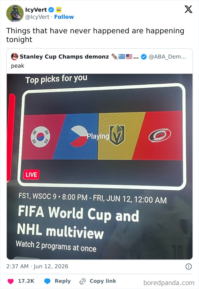 A World Cup football fan tweet showing a FIFA World Cup and NHL multiview on television.