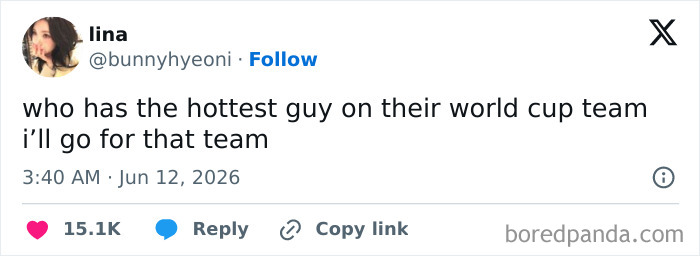 A World Cup tweet from lina asking who has the hottest guy on their World Cup team, engaging football fans.