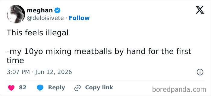 A funny parenting tweet about a 10-year-old mixing meatballs by hand for the first time.