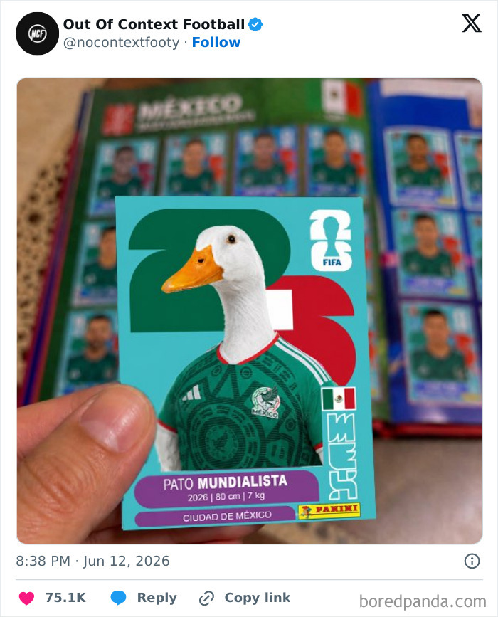 A World Cup 2026 meme showing a FIFA player card featuring a duck in a Mexico jersey from a viral tweet.