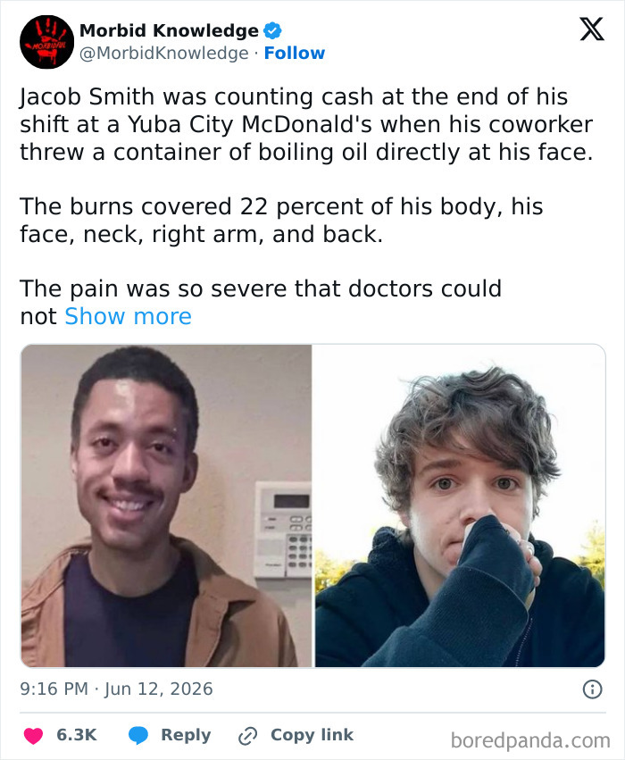 A split image showing two men, illustrating morbid and sad stories, one smiling and the other covering his face.