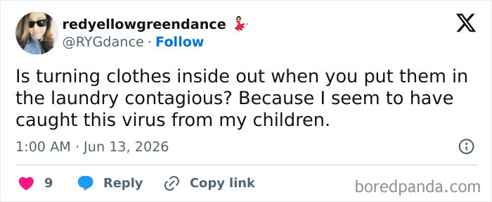 Funny parenting tweet about clothes inside out in laundry, a mom and dad shared experience.