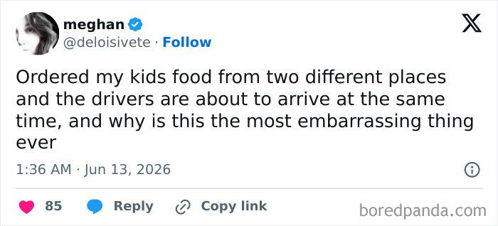 Funny parenting tweet about the embarrassment of ordering kids food from two different places.
