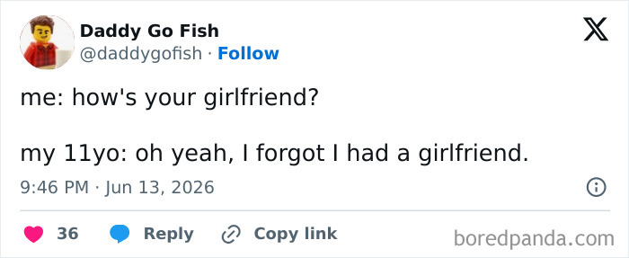 A funny parenting tweet about a child forgetting they have a girlfriend.